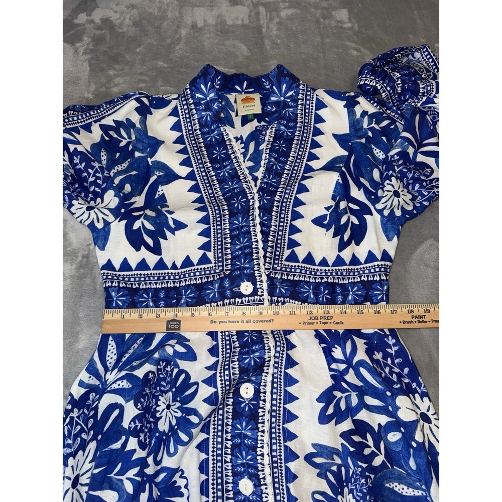Farm Rio Flora Tapestry Blue White Linen-Blend Maxi Dress Size L Ballon Sleeve - Picture 10 of 16